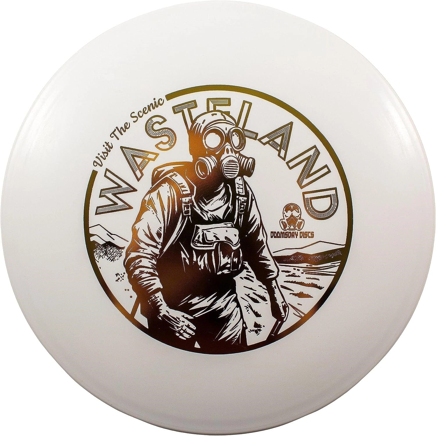 White disc with a graphic of a person in a gas mask.